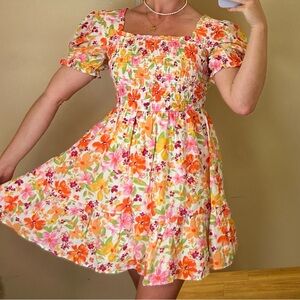 Floral Puff-Sleeve Mini Dress in Multi-Color